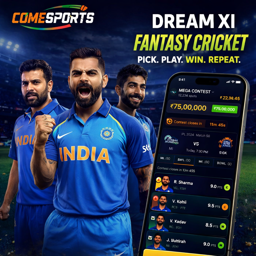 Come Sport Play fantasy cricket and India team visual